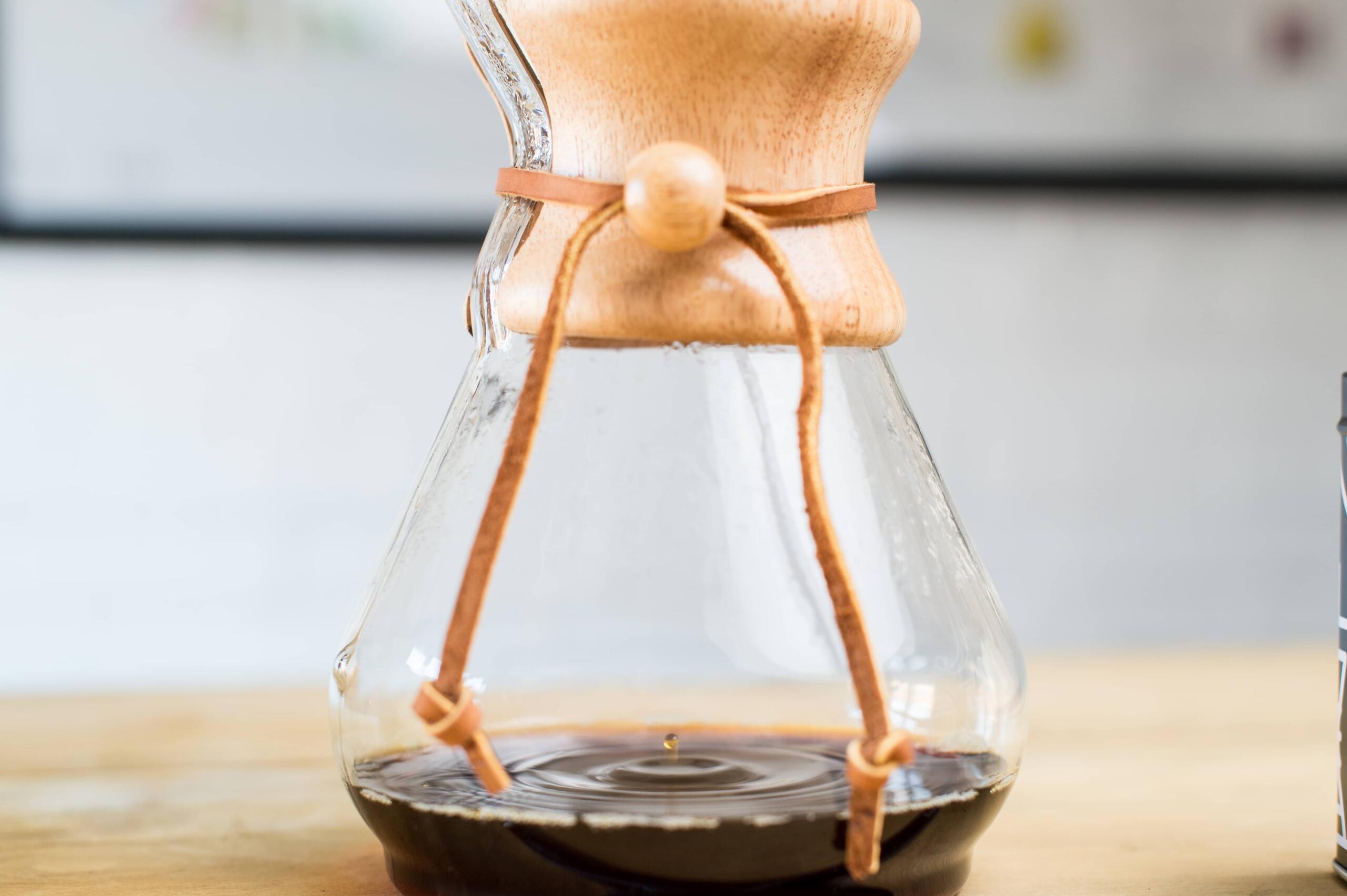 Brewed coffee in the base of a Chemex 