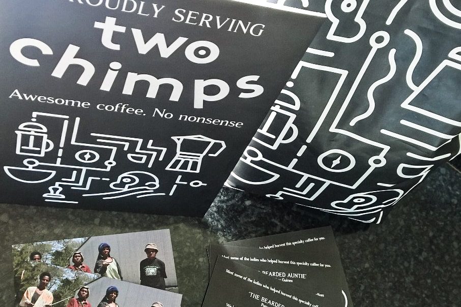 two chimps point of sale promo in a cafe
