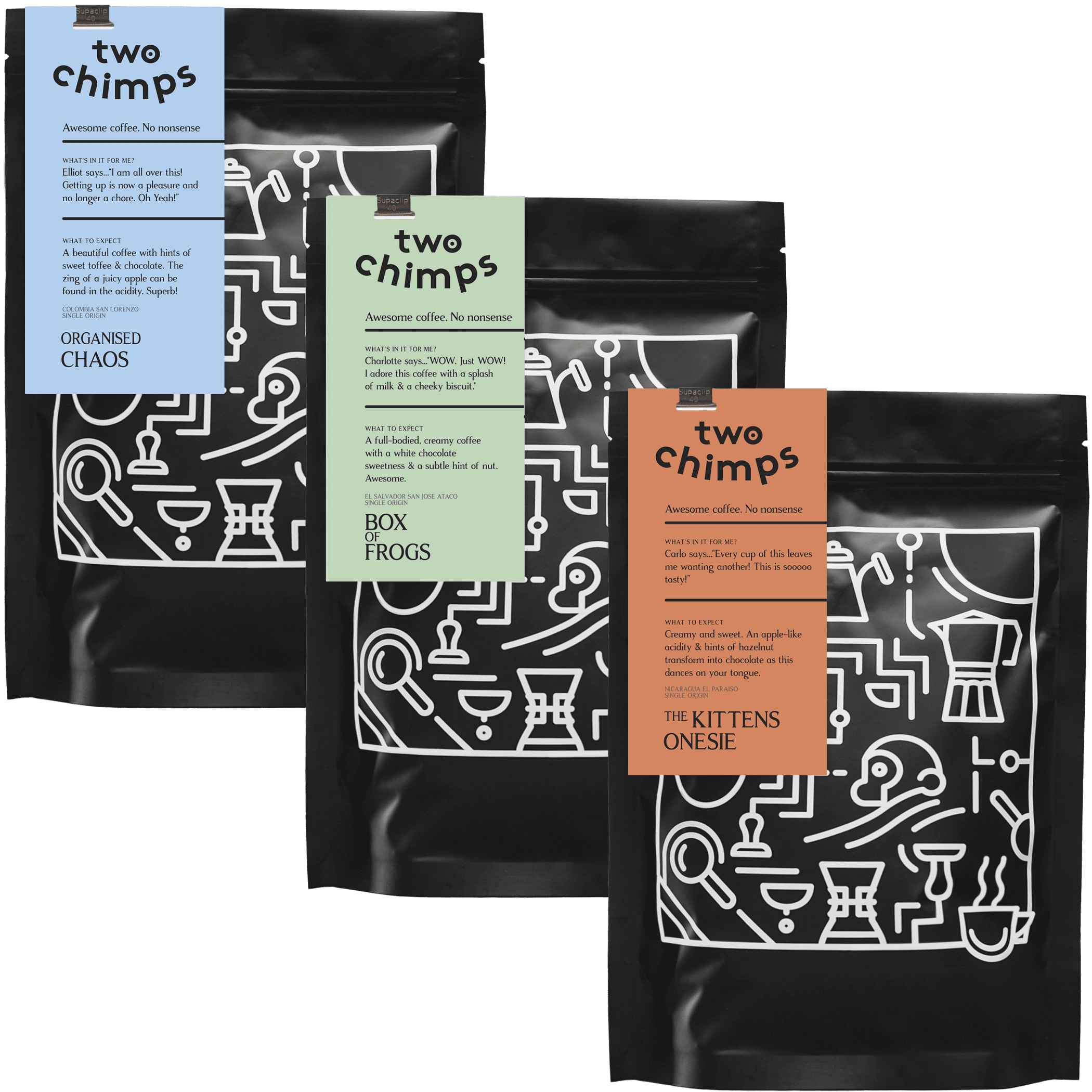 3 bags of two chimps coffee with no background