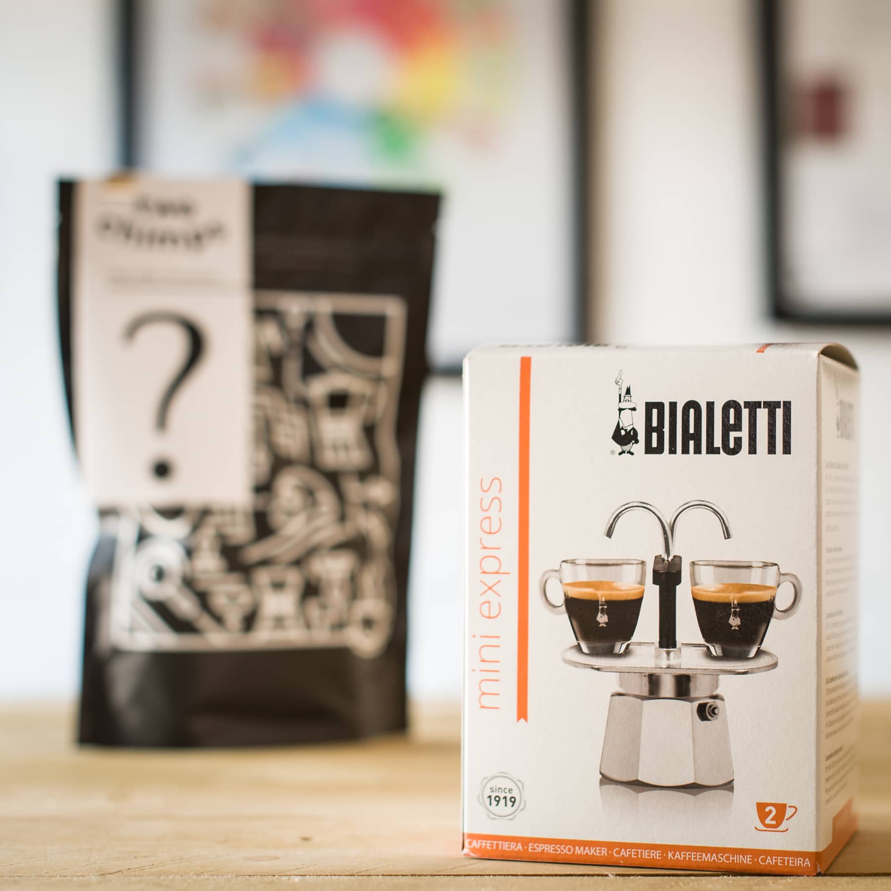 bialetti mini express boxed with bag of coffee