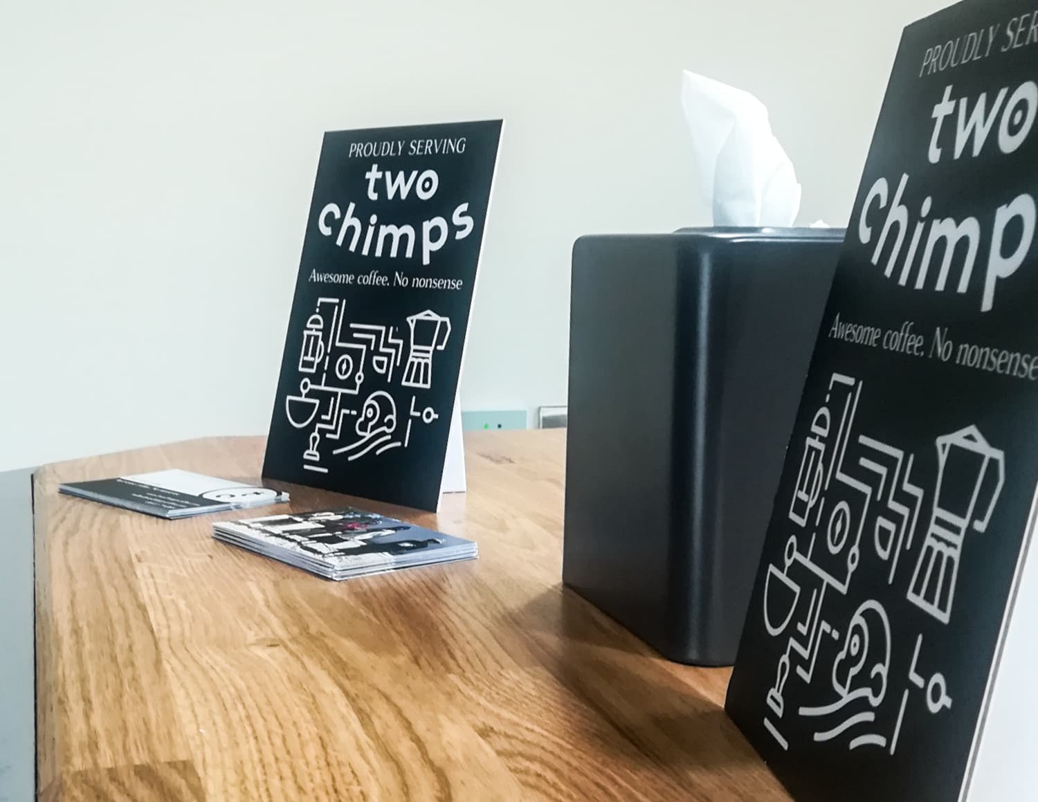 two chimps coffee promo on a desk