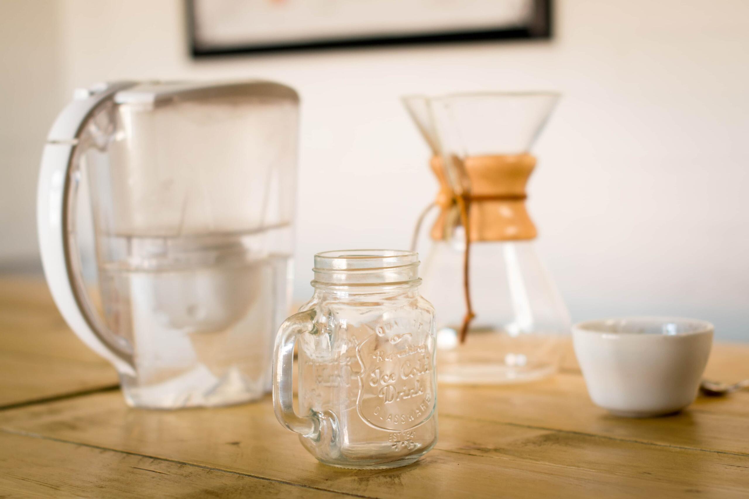 Brita water filter with Chemex, white bowl and glass mason jar