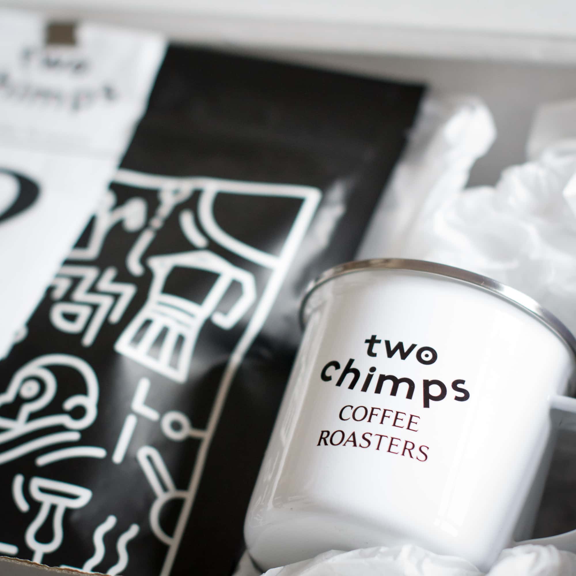two chimps coffee enamel mug in gift box