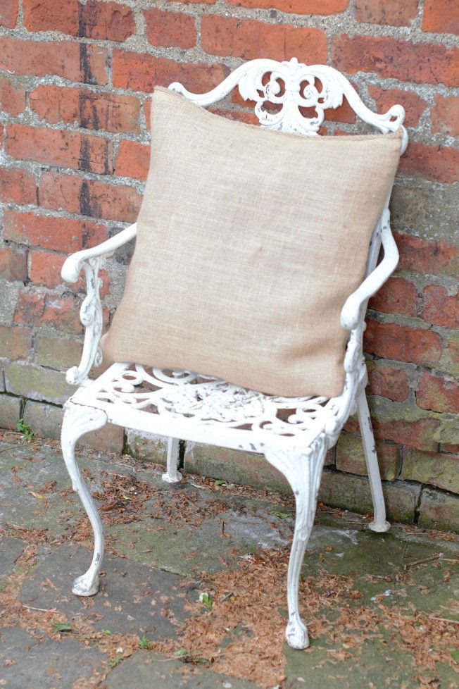 coffee sack covered cushion on an outside chair