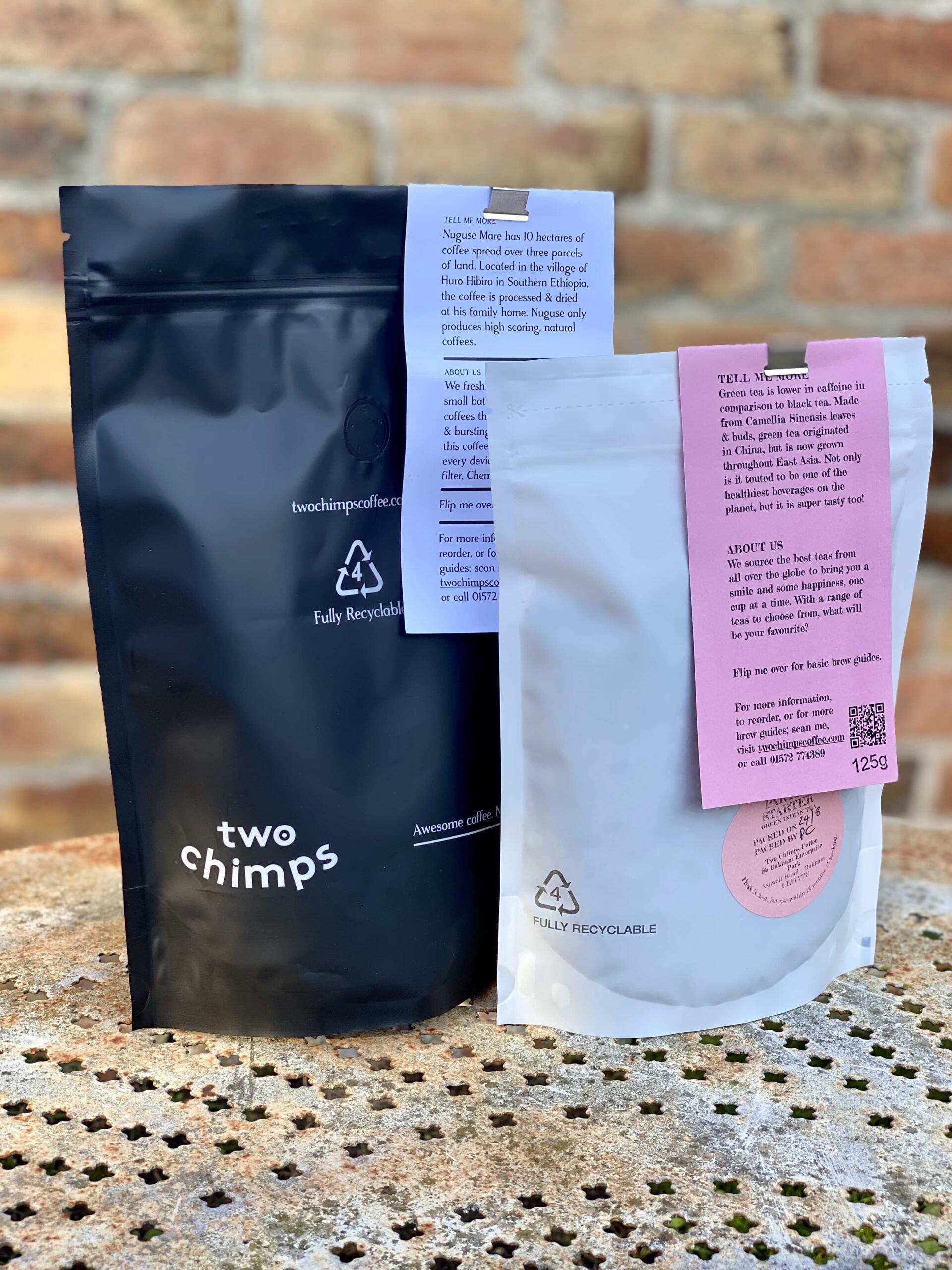 Two Chimps Recyclable Coffee and Tea packaging