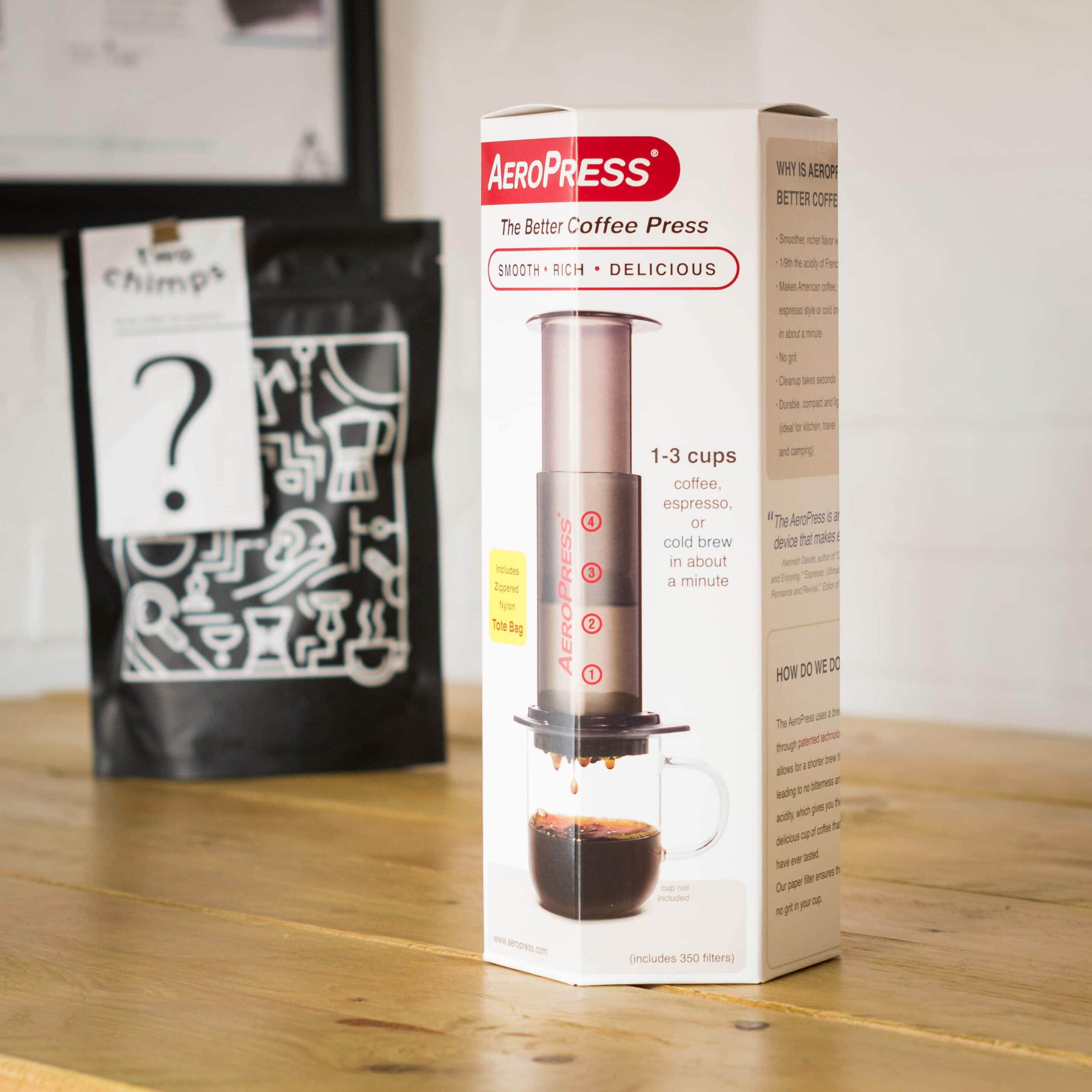 aeropress in box with mystery two chimps coffee