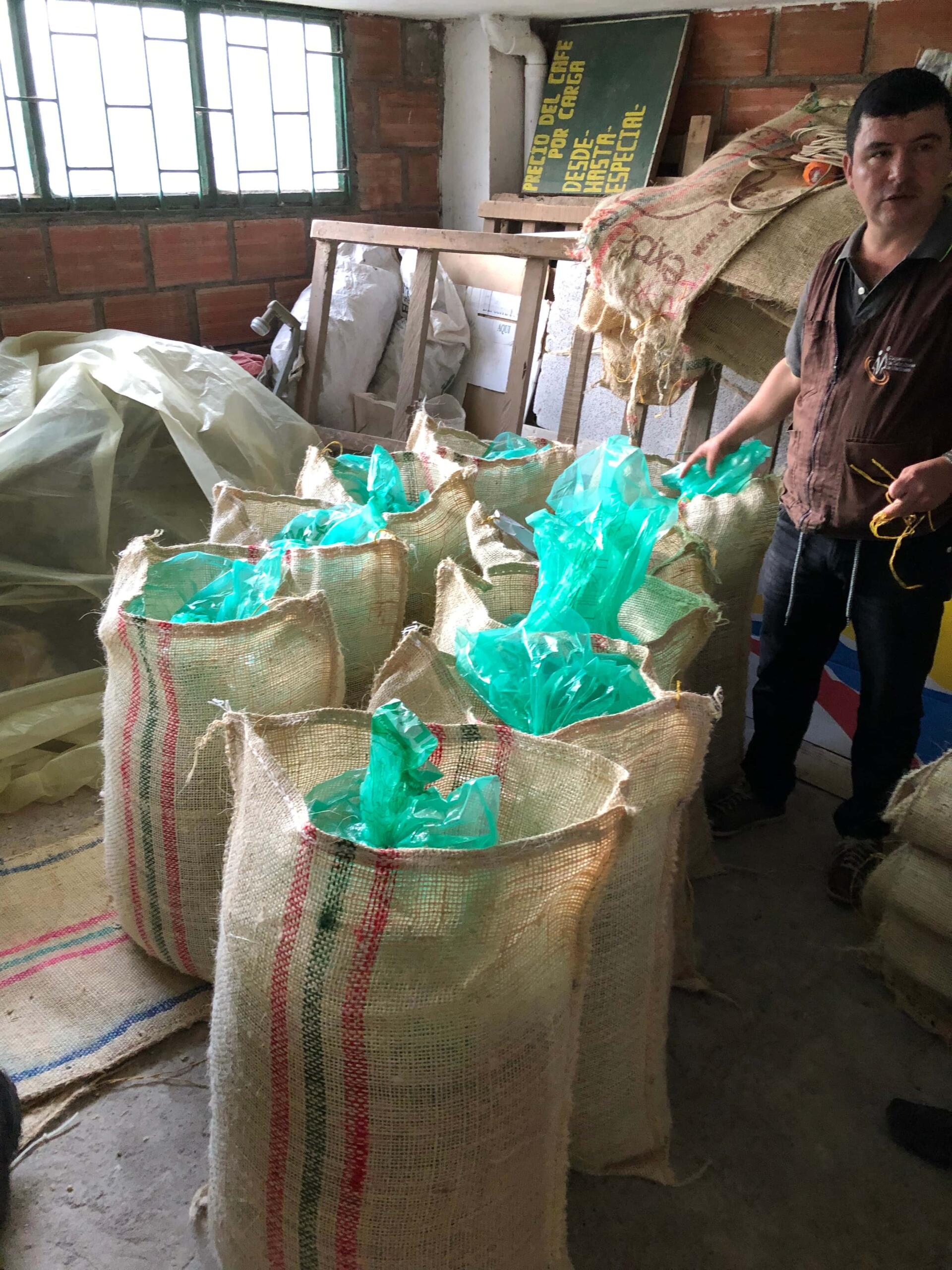 full coffee sacks at a farm in colombia
