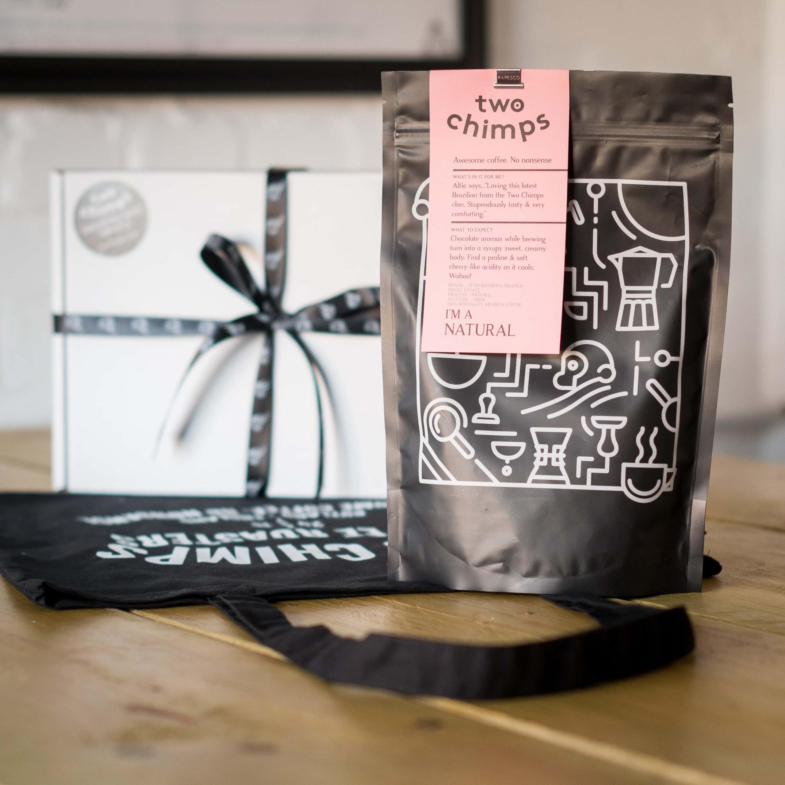 coffee and tote bag gift set with box from two chimps coffee
