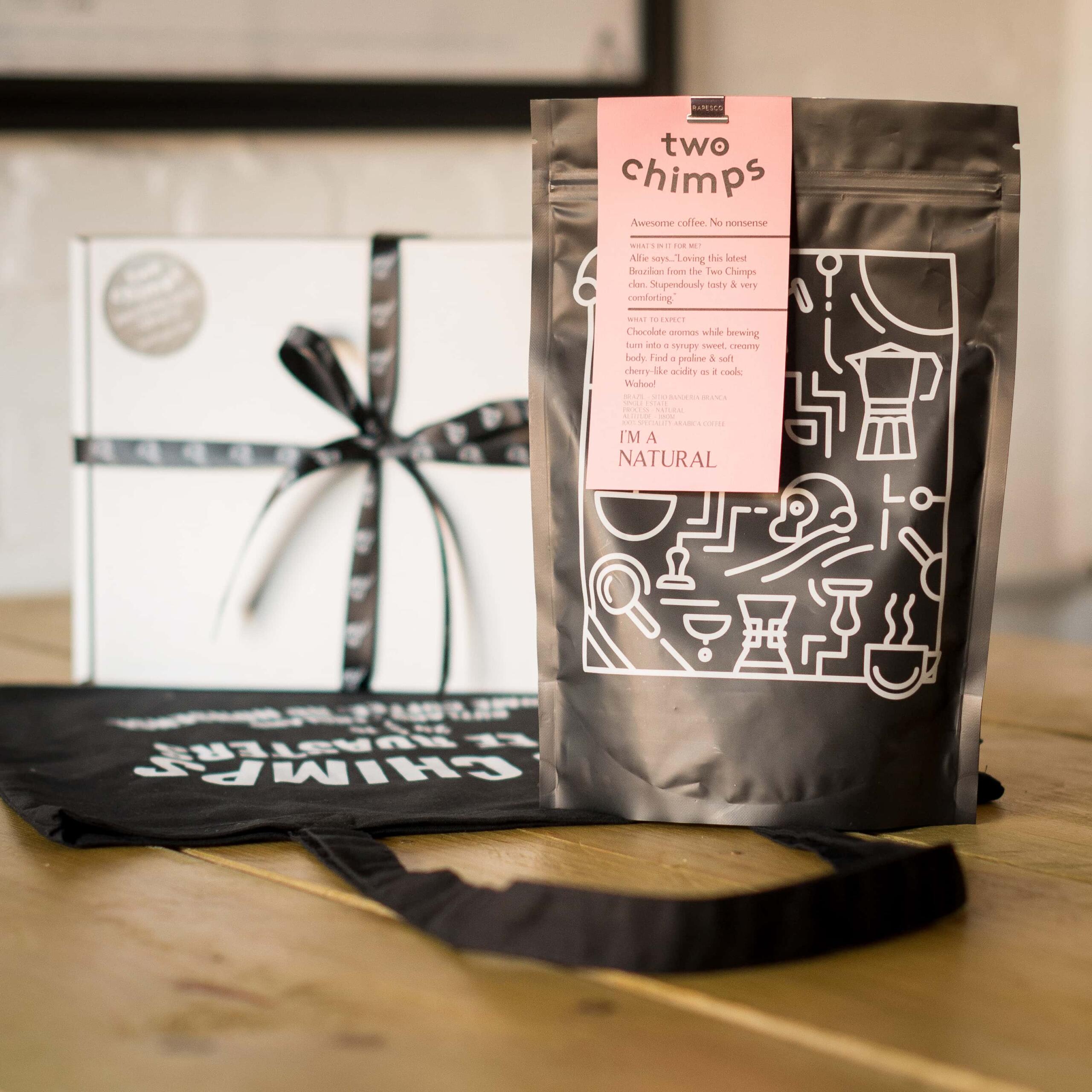 Two chimps coffee, tote bag and gift box