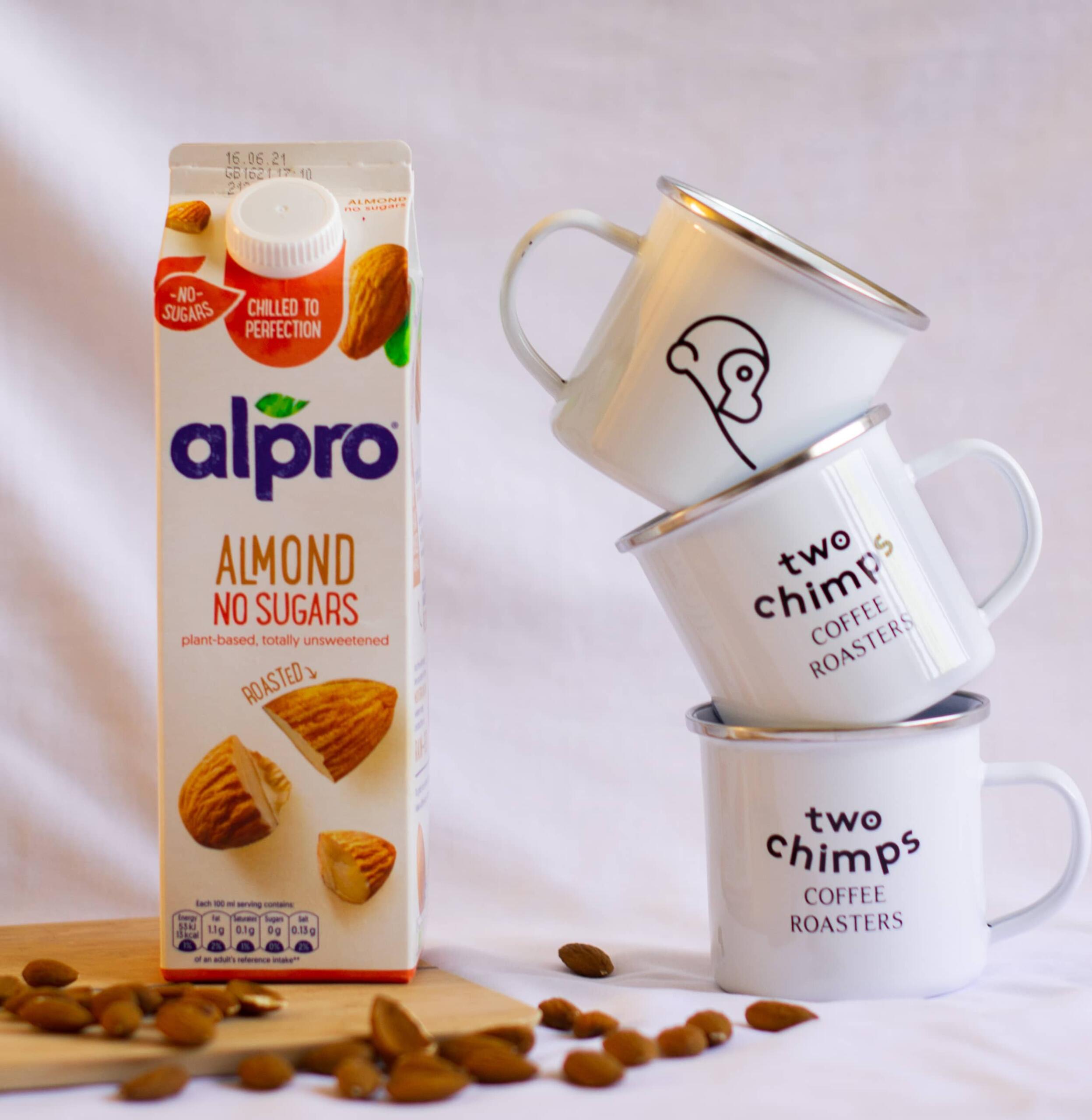 Two Chimps mugs and Alpro milk - best milk for coffee