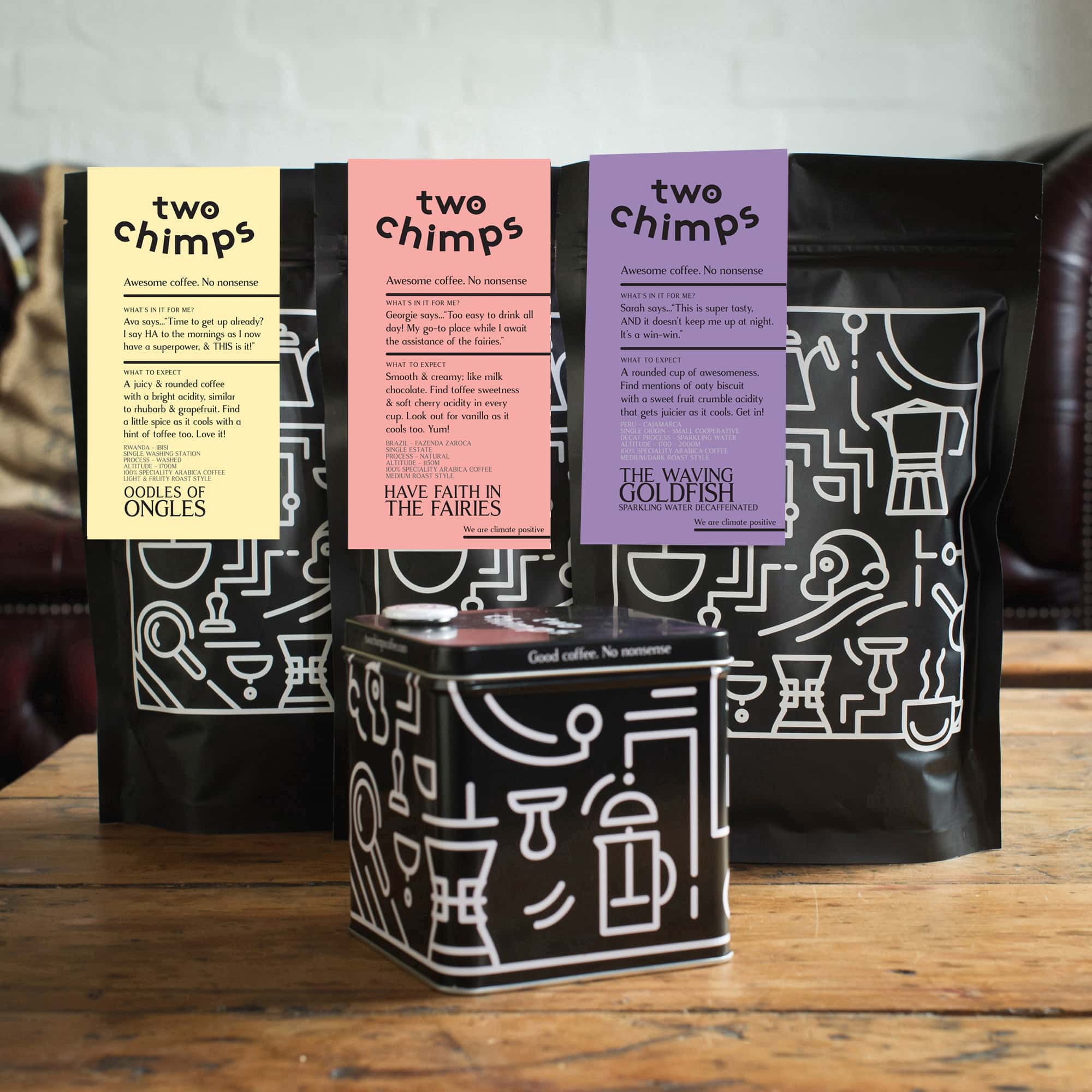 set of three coffees with tin - two chimps coffee