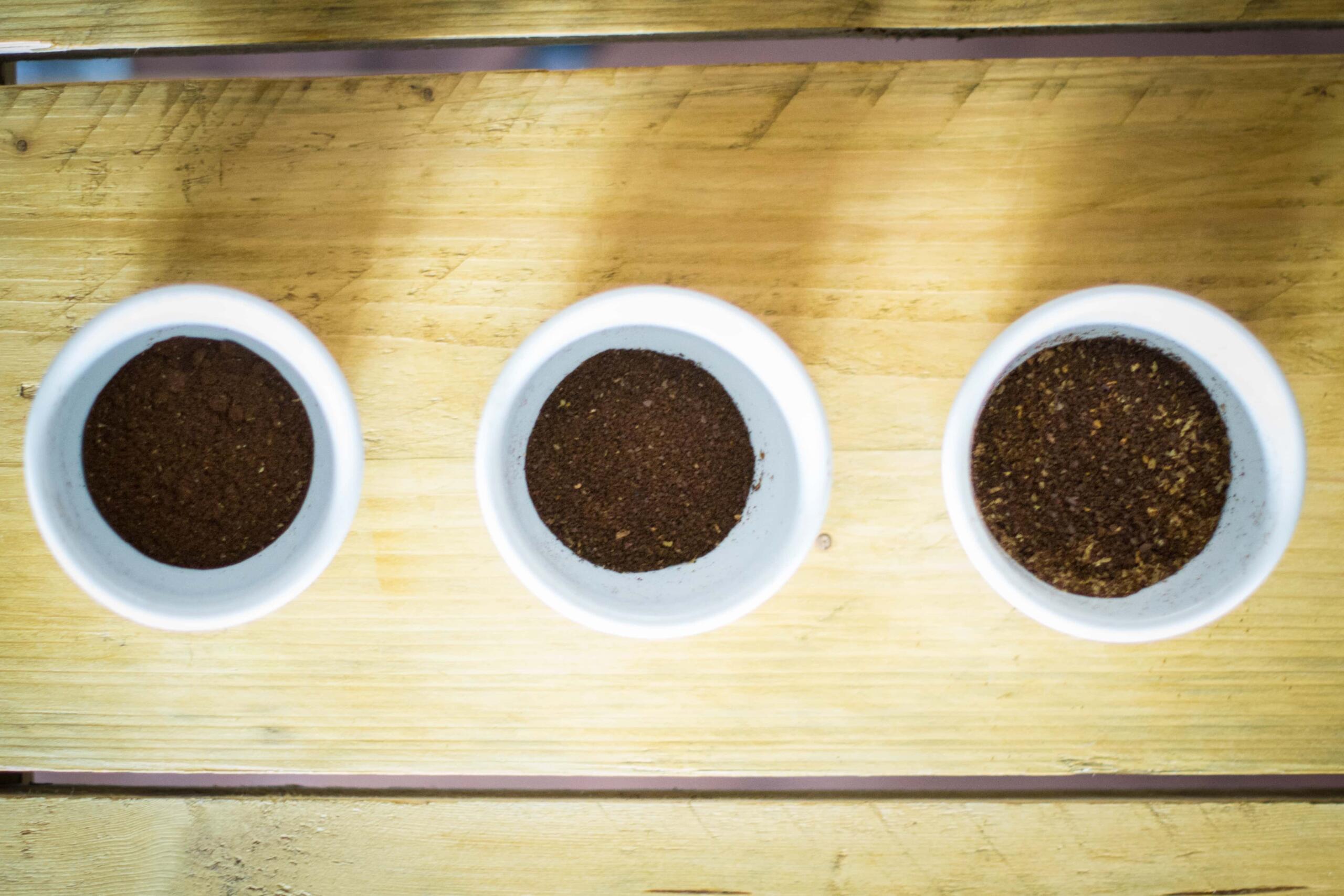 Three samples of ground coffee from above 