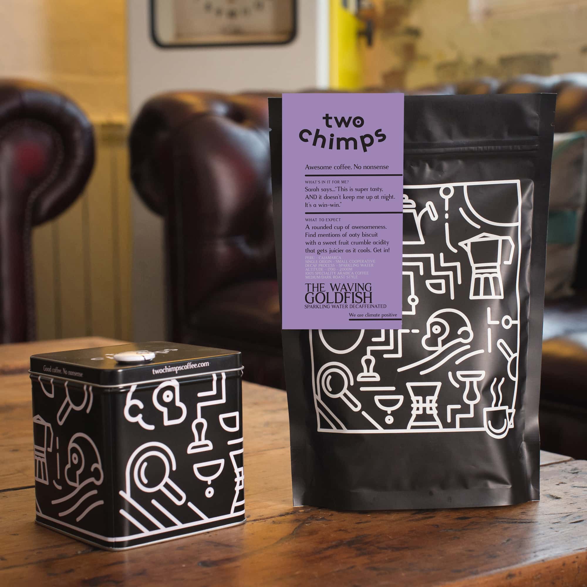 The waving goldfish bag and tin - two chimps coffee