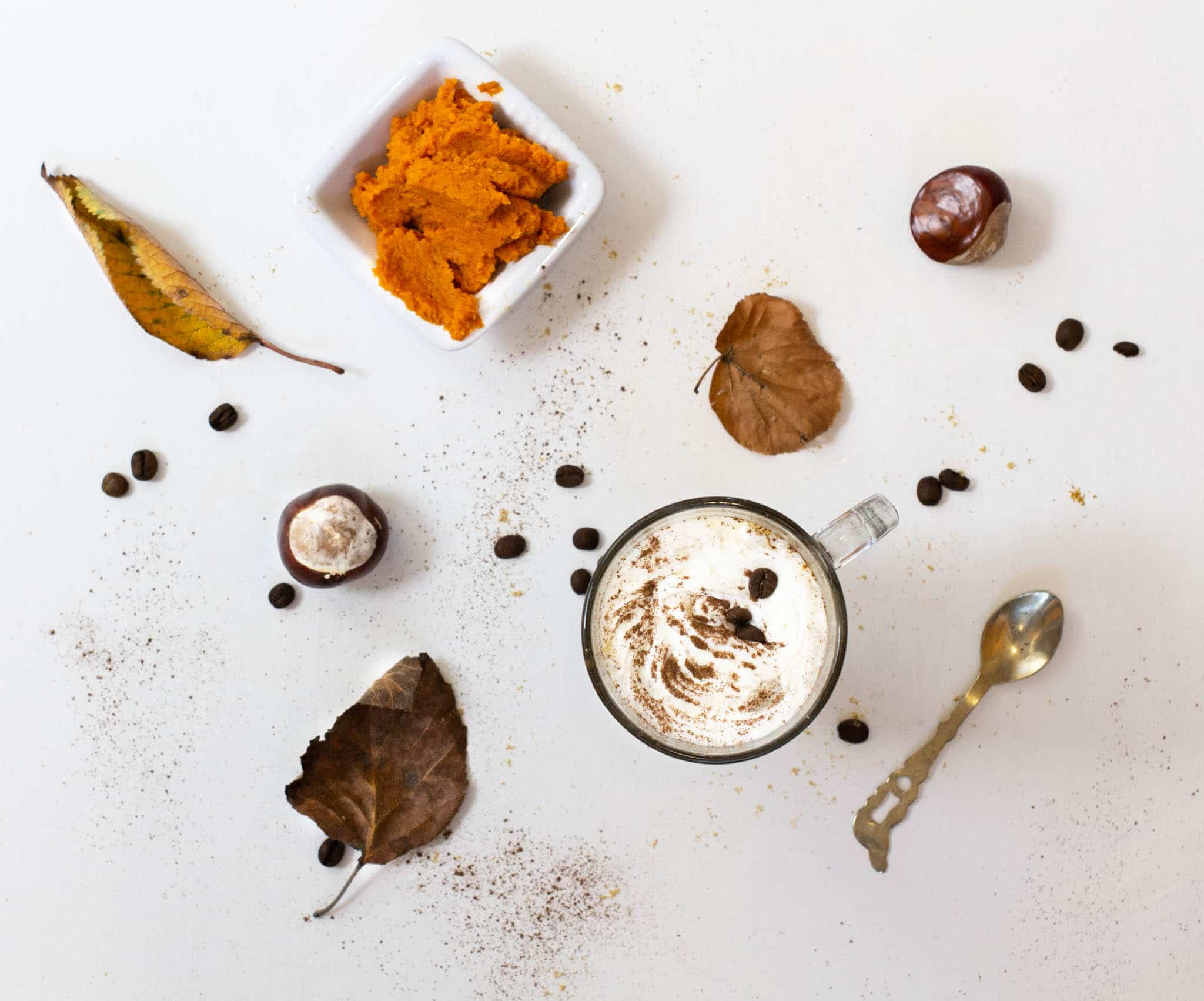 Overhead shot of pumpkin spice latte with dish of pumpkin puree, leaves, conkers and a teaspoon