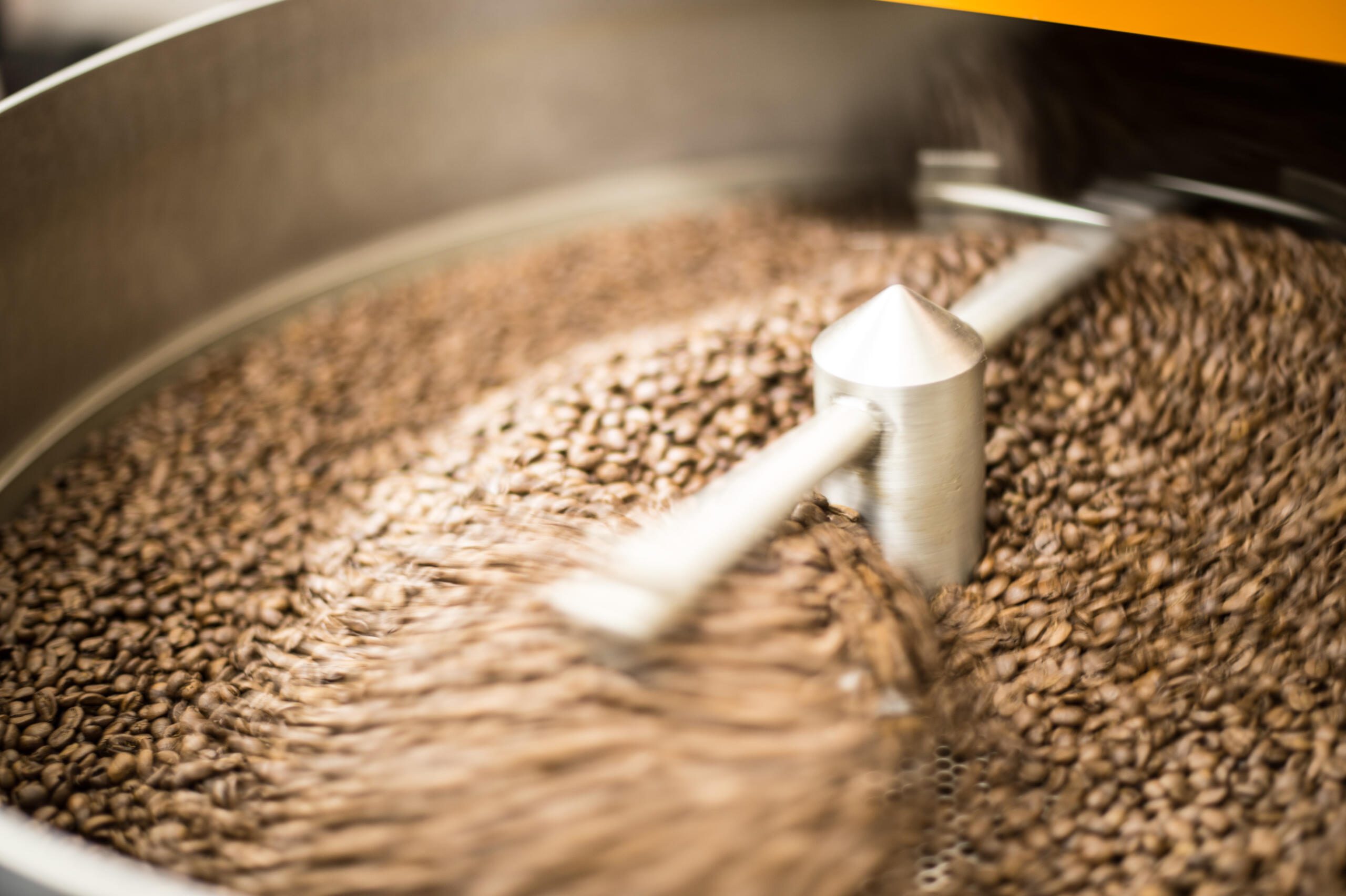 coffee beans cooling in roasting drum at Two Chimps roastery