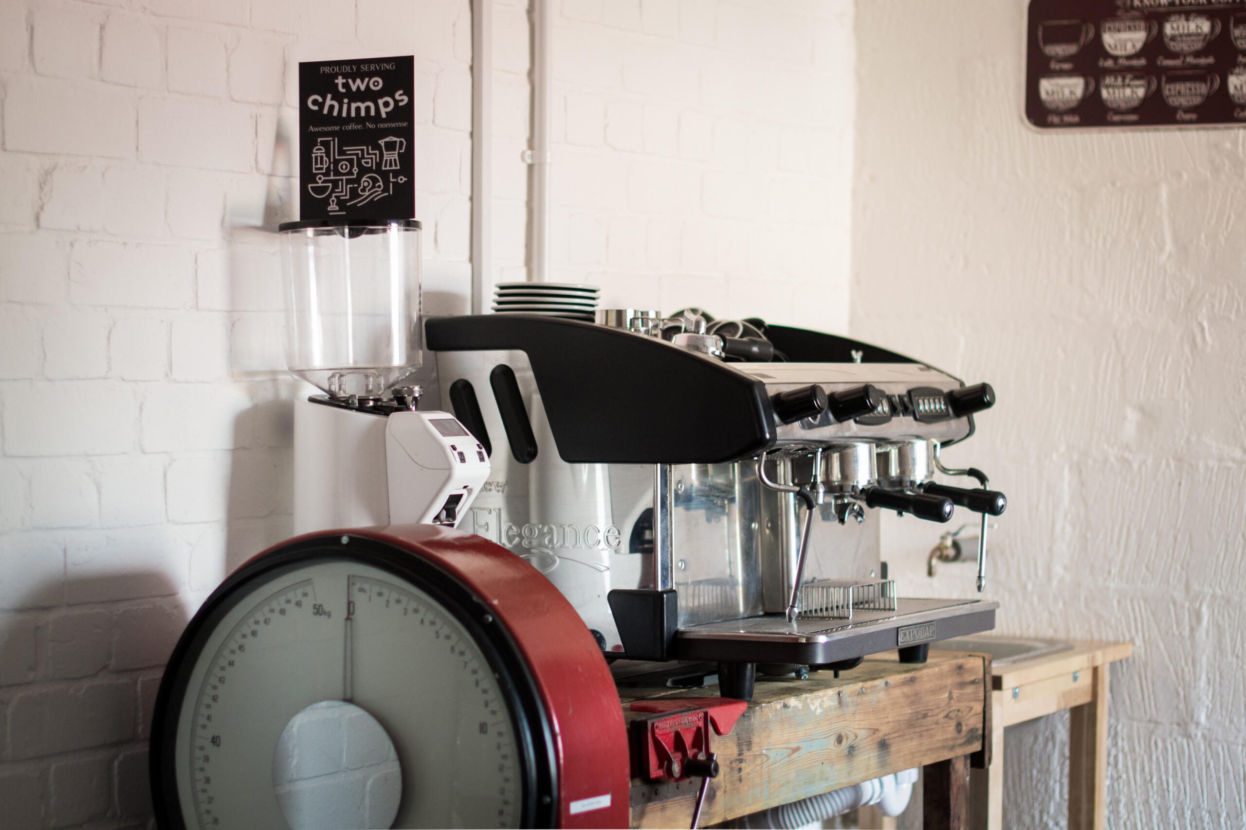 Espresso machine at Two Chimps Coffee roastery