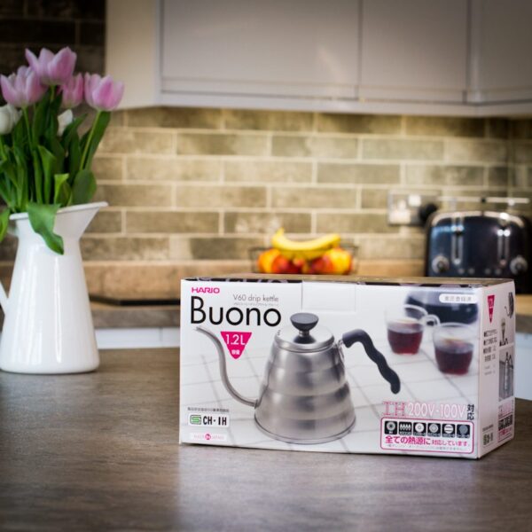 boxed hario buono stainless steel v60 drip kettle on kitchen worktop