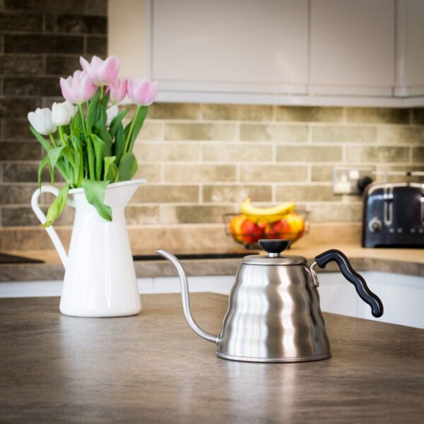 unboxed hario v60 stainless steel drip kettle on kitchen worktop