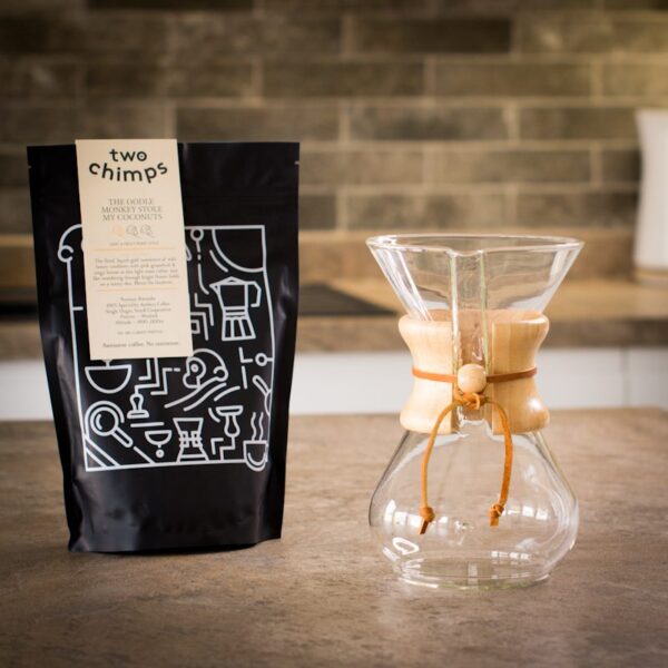 unboxed chemex with a bag of two chimps coffee on kitchen worktop