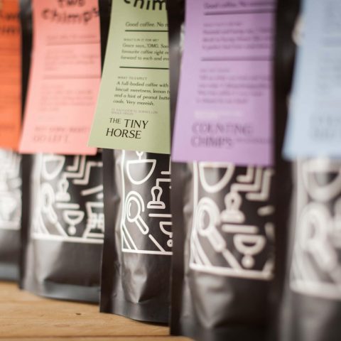 close up of twochimpscoffee labels