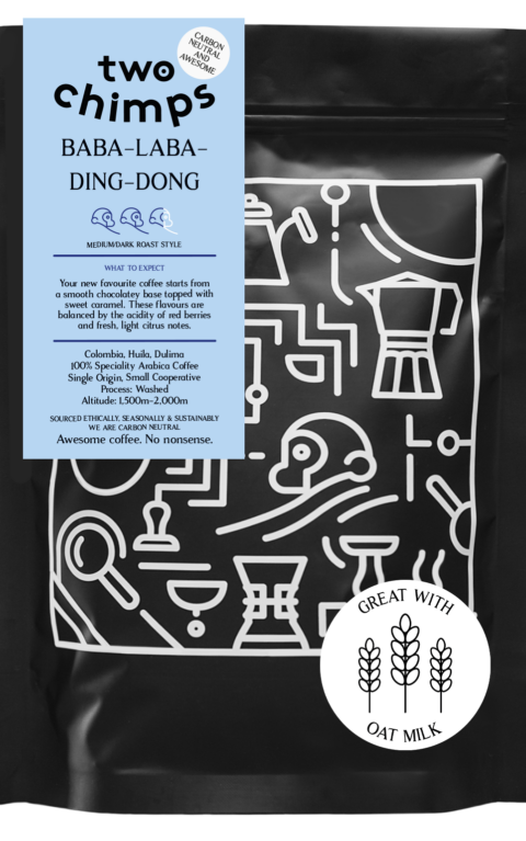 A Bag of Baba-laba-ding-dong specialty coffee from Two Chimps Coffee
