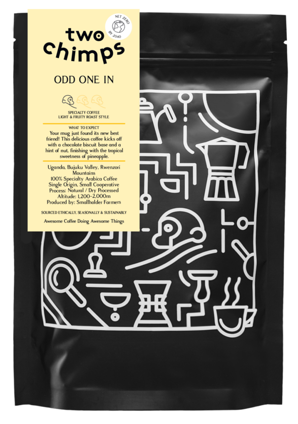 A retail bag of yellow label Two Chimps Coffee from Uganda - Odd One In