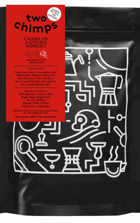 Bag of red label medium roast coffee from Two Chimps