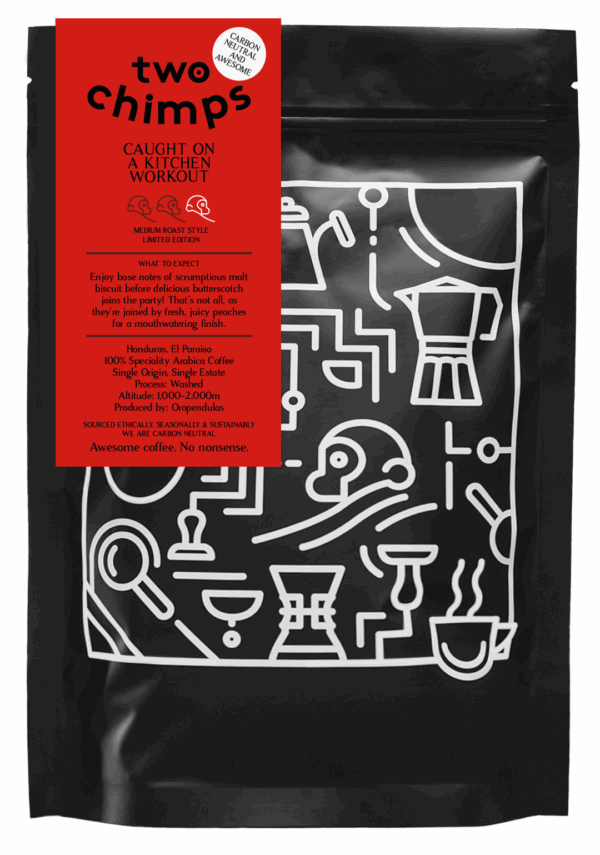 Bag of red label medium roast coffee from Two Chimps