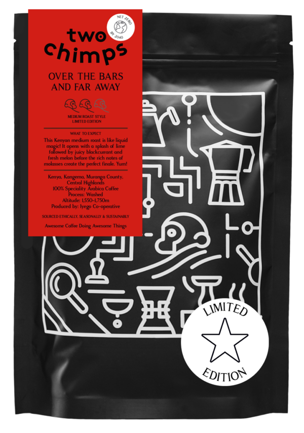 A retail bag of Over The Bars and Far Away from Two Chimps Coffee with branded design and limited-edition sticker, along with red label containing coffee information