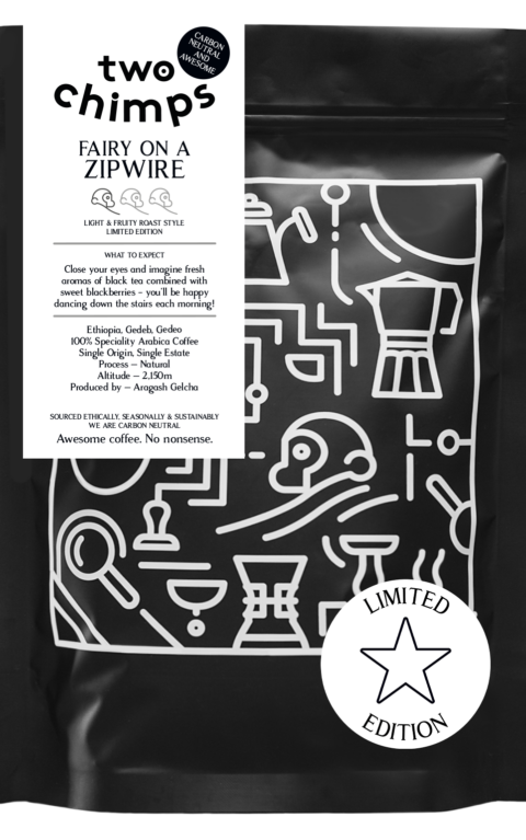 Retail bag of white label coffee from Two Chimps called Fairy on a Zipwire