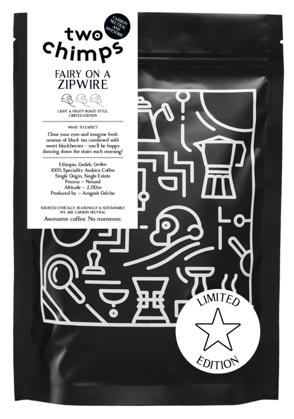 Retail bag of white label coffee from Two Chimps called Fairy on a Zipwire
