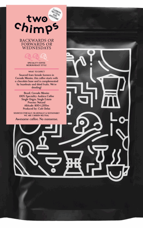 A retail bag of Backwards or Forwards or Wednesdays, a medium roast coffee from Brazil