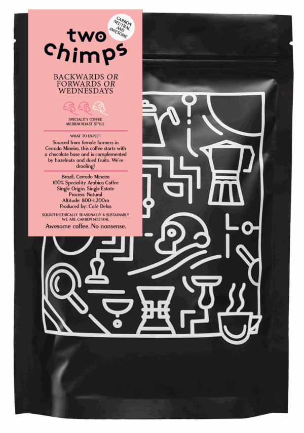 A retail bag of Backwards or Forwards or Wednesdays, a medium roast coffee from Brazil