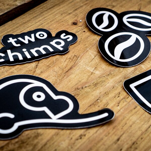 New Two Chimps coffee sticker set featuring four branded stickers