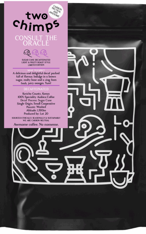 A bag of Consult the Oracle decaf coffee from Two Chimps