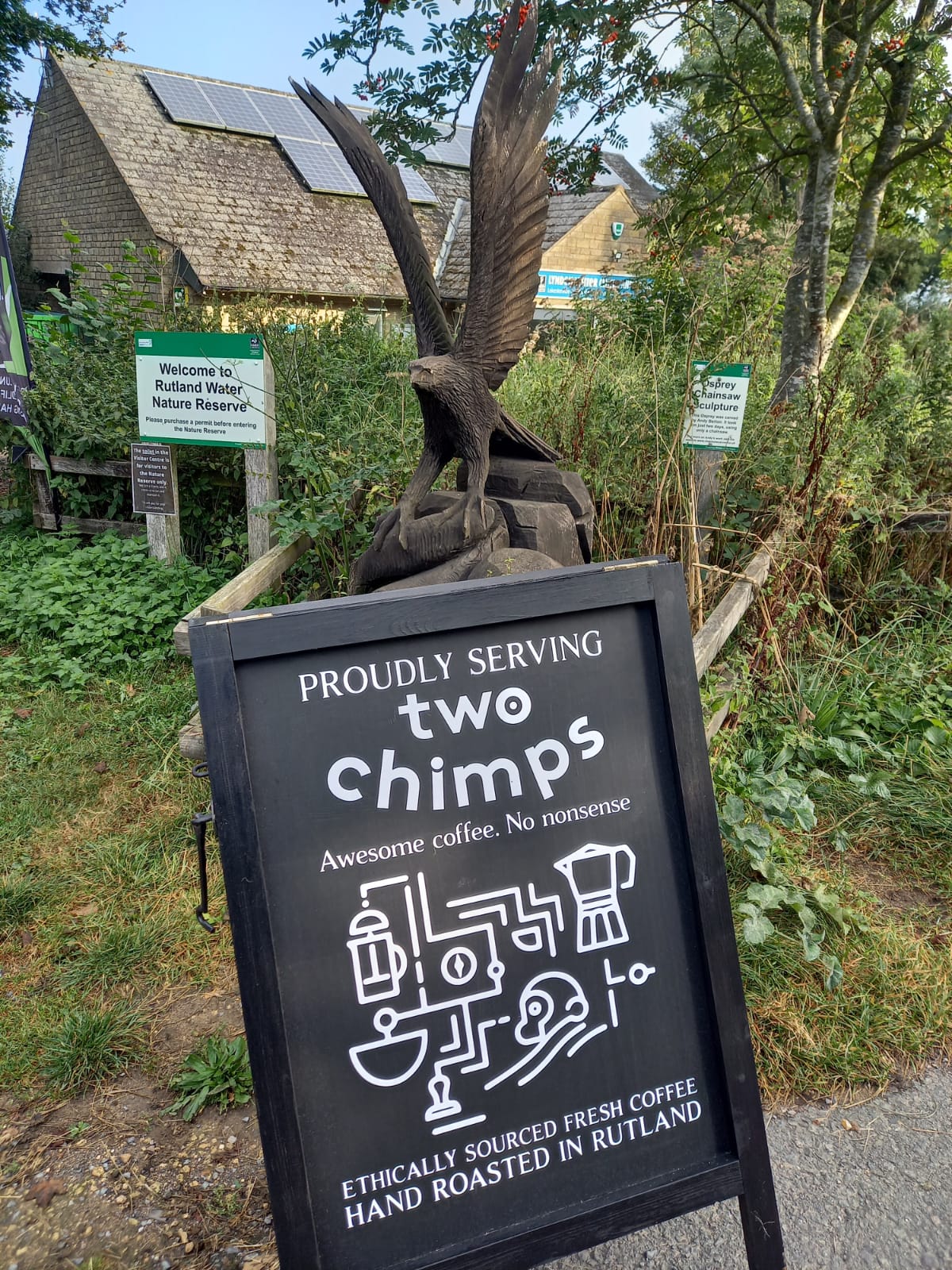 Two Chimps A board at Rutland Water visitor centre