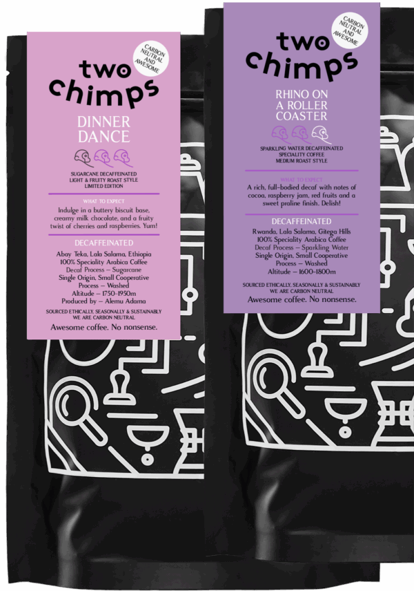A picture of two coffee bags Dinner Dance & Rhino On A Roller Coaster which are included in Two Chimps mystery decaf subscription