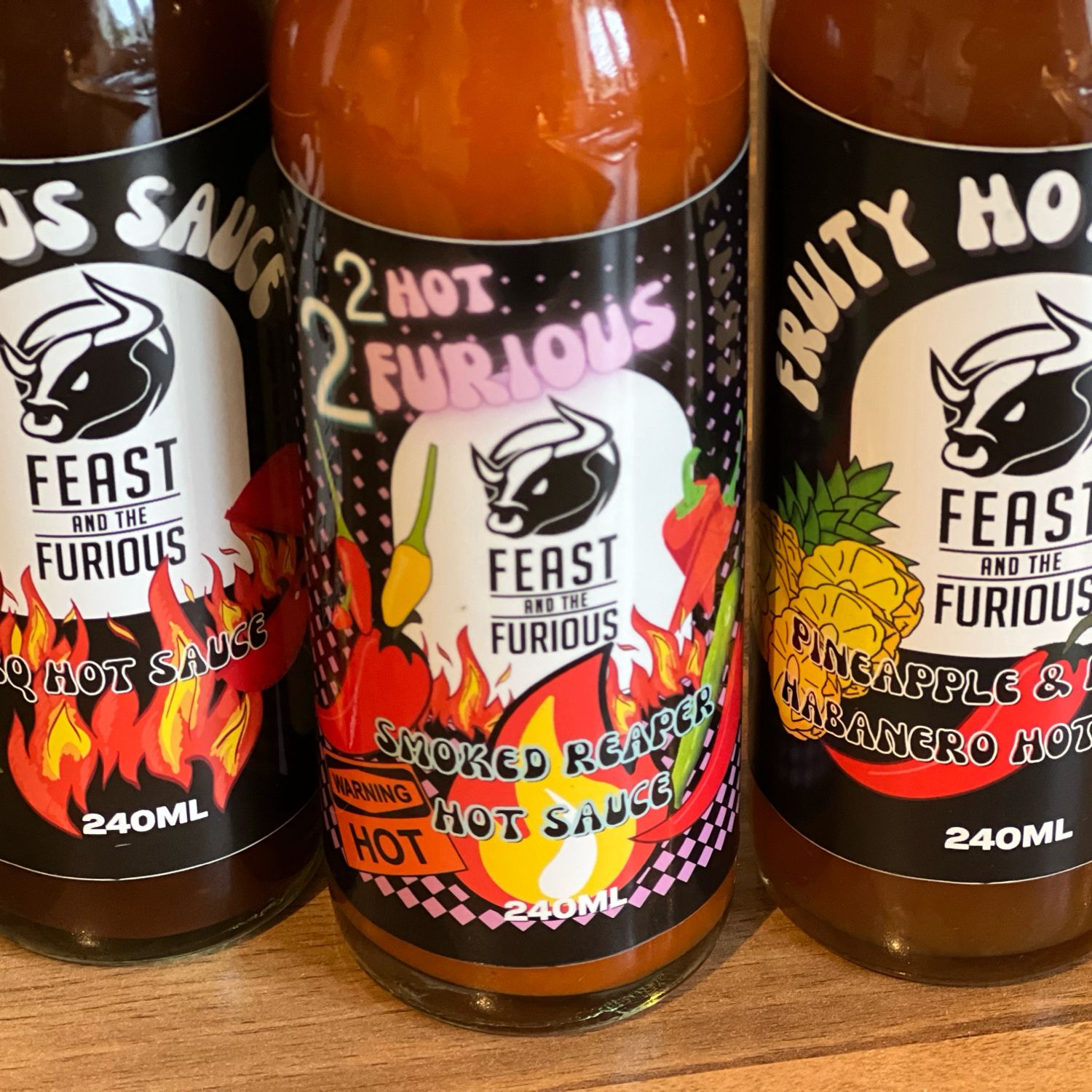 Feast and the Furious hot sauce bottles