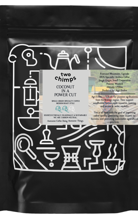 A retail bag of Coconut in a Power Cut from Two Chimps Coffee, a medium roasted limited-edition coffee from Uganda