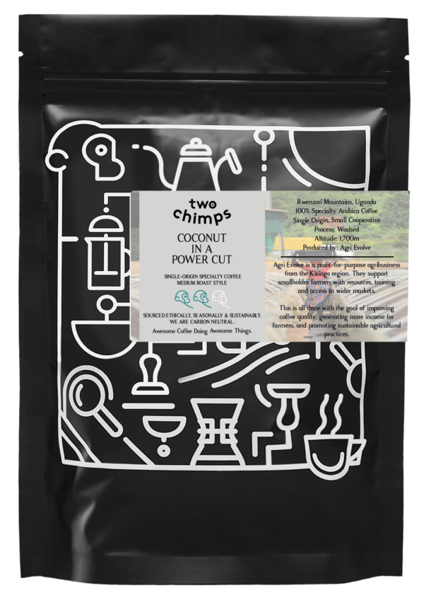 A retail bag of Coconut in a Power Cut from Two Chimps Coffee, a medium roasted limited-edition coffee from Uganda
