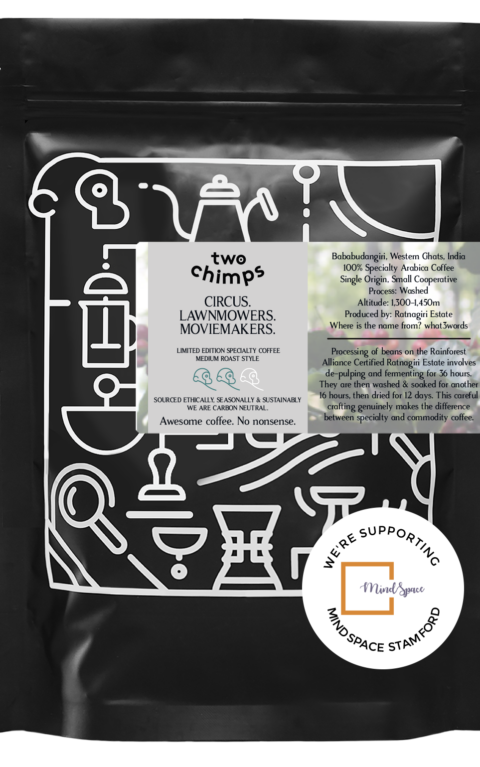 A bag of limited edition grey level coffee from Two Chimps in collaboration with MindSpace Stamford