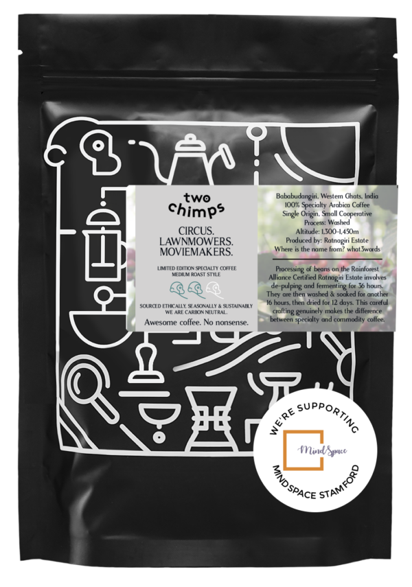A bag of limited edition grey level coffee from Two Chimps in collaboration with MindSpace Stamford