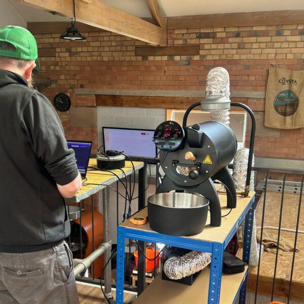 Andy gives guests a roast your own coffee workshop in the two chimps roastery