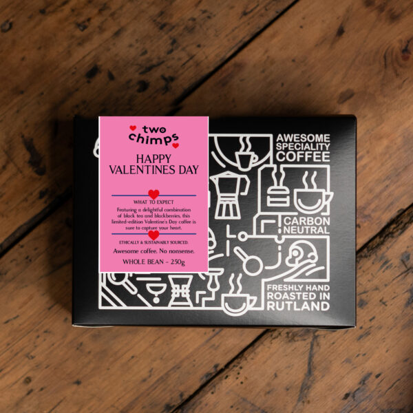A Valentines coffee Gift box with space for personalisation placed on a table