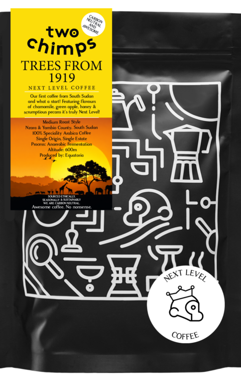 A bag of Next Level coffee from Two Chimps Coffee called Trees From 1919, from South Sudan