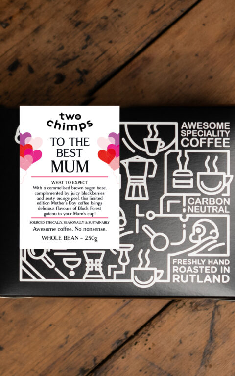 A personalised box of limited edition Mother's Day coffee from Two Chimps on a table