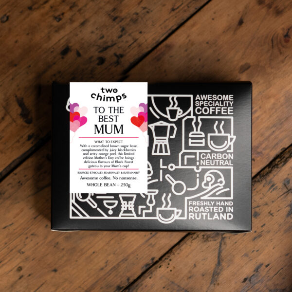 A personalised box of limited edition Mother's Day coffee from Two Chimps on a table