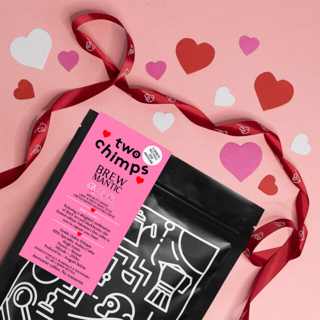 The 2026 valentines coffee from Two Chimps with a romantic background