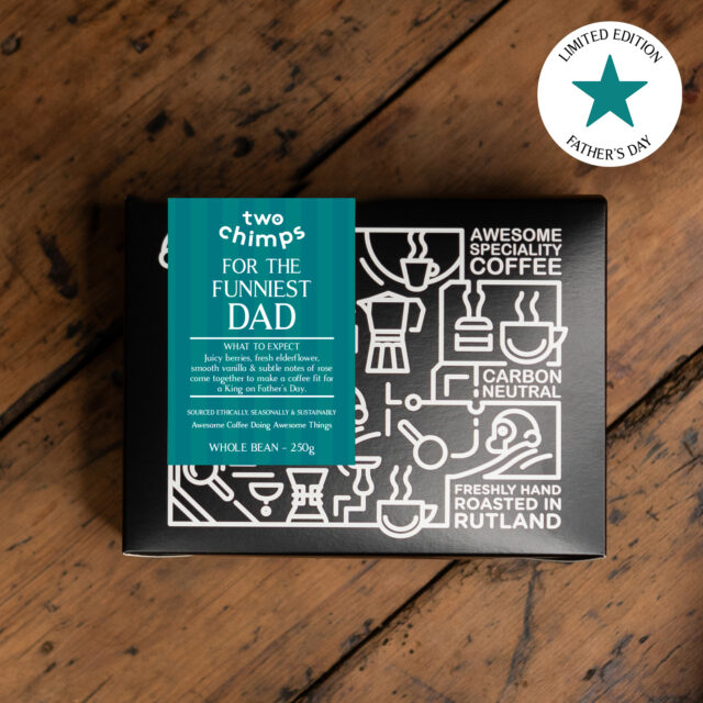 A personalised Father's Day coffee box from Two Chimps on a table, reading To The Funniest Dad