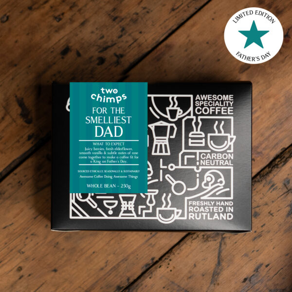 A personalised Father's Day coffee box from Two Chimps Coffee reading to the smelliest dad